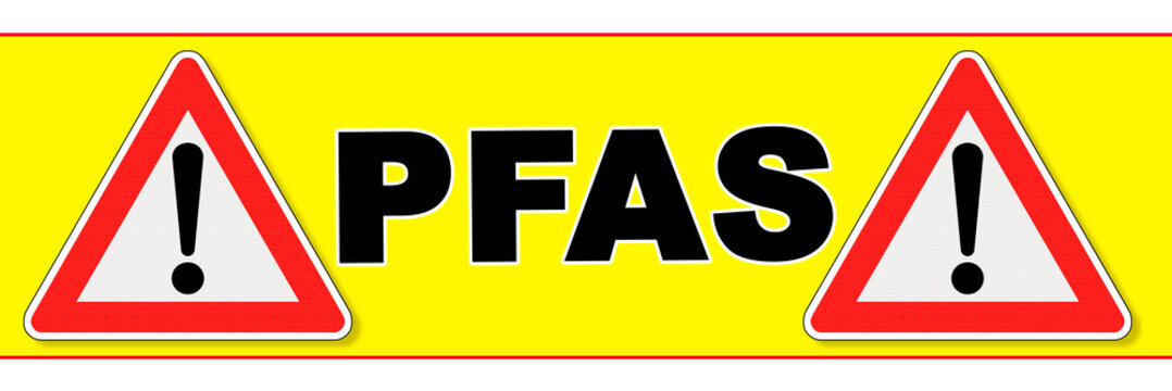 PFAS WARNING SIGN WITH EXCLAMATION MARKS ON YELLOW BACKGROUND - ENVIRONMENTAL HAZARD CONCEPT, TOXIC CHEMICALS ALERT, POLLUTION RISK, SAFETY SYMBOL, CONTAMINATION AWARENESS BANNER