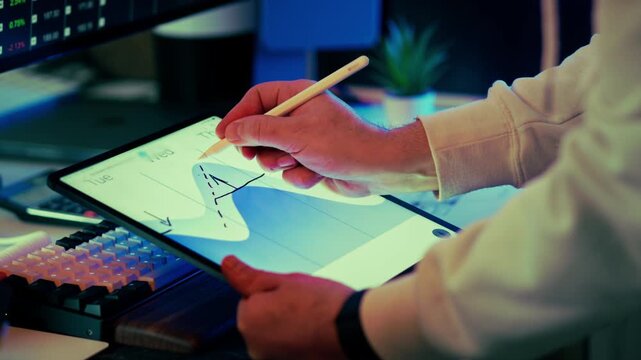 business analytics growth strategy tablet stylus. Closeup professional hand drawing upward trend chart touchscreen device financial planning forecasting performance improvement concept
