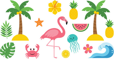 Tropical Beach Summer Vector Set with Flamingo, Pineapples, Palm Trees, Jellyfish and Ocean Waves © MdJillur