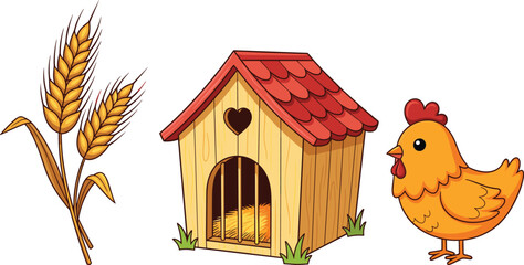Cute cartoon farm set with a golden hen chicken, a wooden coop with a red roof, and wheat stalks, isolated © Fozila