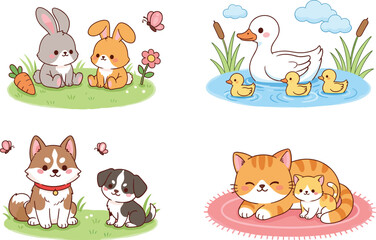 Collection of cute cartoon animal families including bunnies with carrot, duck with ducklings, dogs with butterflies and cats on a rug