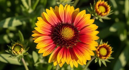 Vibrant yellow and red flower blooms with buds in sunlight.