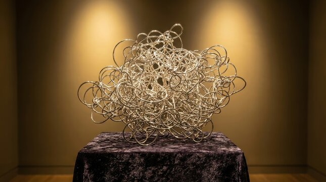 Intricate Interwoven Abstract Sculpture of Polished Platinum Metal