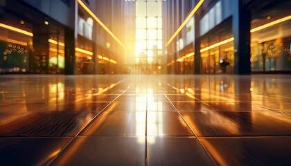 Fototapeta premium abstract blurred urban interior with golden light reflections on glossy floor creating atmospheric bokeh effect in modern building high quality