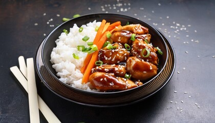 delicious teriyaki chicken bowl with rice carrots and green onions