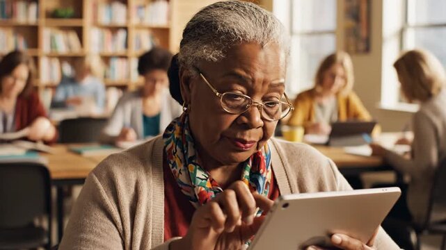 Elderly Black woman using digital tablet in adult education class