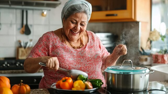 An elderly woman is happily smiling while she prepares a delicious meal with fresh vegetables in a modern kitchen