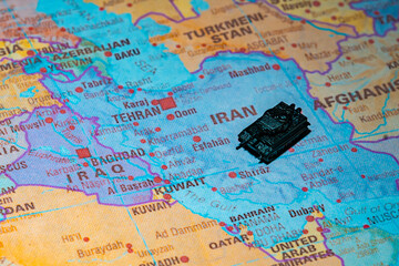 Naklejka premium Military conflict and ongoing war operations on map of Iran.