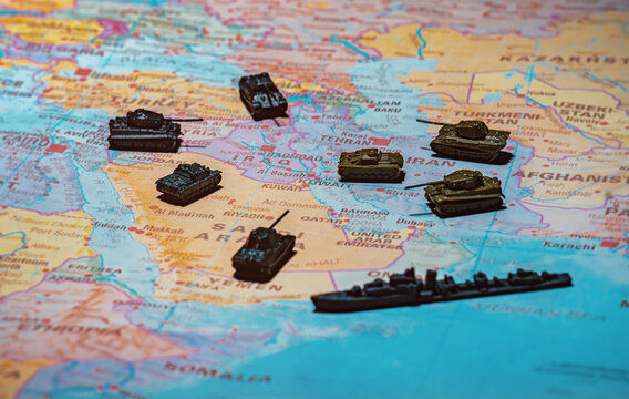Large scale military conflict and war in the Middle East on map.
