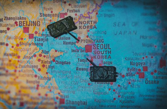 Military confrontation and tension on the Korean Peninsula map.