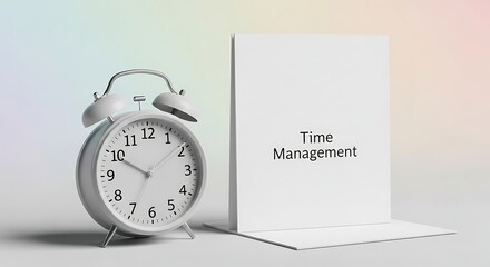 Vintage alarm clock next to a card with time management text