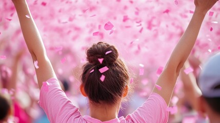 Fototapeta premium a breast cancer survivor crossing the finish line, with supporters cheering and pink confetti in the air
