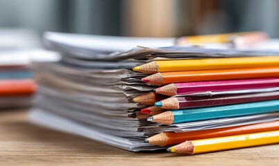 Fototapeta premium Exam Papers on Desk with Colorful Pencils Ready for Professional Test Preparation