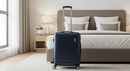 Blue luggage in a modern hotel room with a large bed and white pillows  travel and accommodation