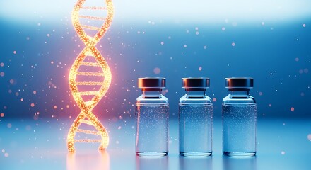 Glowing DNA double helix with three glass vaccine vials on blue background with particles  genetic engineering and medical research concept