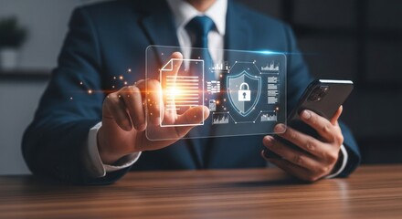 A man in a suit interacts with a futuristic digital interface showing data security