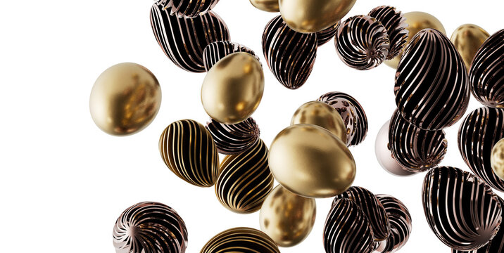 Artistic rendering of elegant golden eggs with textured design, floating against white background. Easter and spring hol