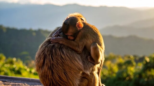 Young macaque monkey clinging to mother during a golden sunset in the scenic mountain wilderness