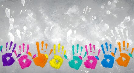 Colorful hand prints on gray background  artistic expression  creative design element