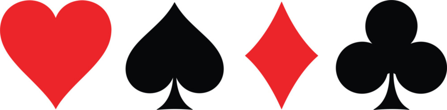 Playing card suits icons set with red heart and diamond black spade and club symbols isolated on white background for gambling poker and casino design.