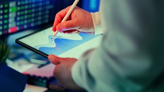 Data visualization analysis tablet stylus creative workspace. Closeup designer hand sketching abstract curve digital screen multiple monitors with dashboards background blue neon 