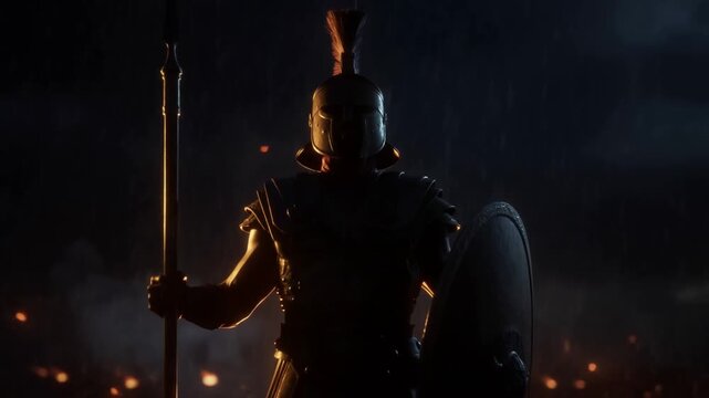 Epic warrior stands against fiery night sky with shield and spear