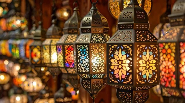 Ornate metal lanterns with stained glass mosaics hanging in a row at a traditional bazaar with soft bokeh background