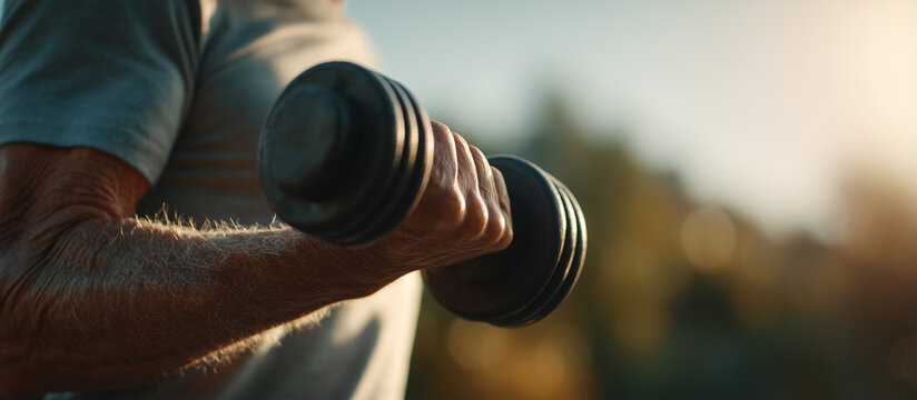 close up hand Senior man lifting a dumbbell