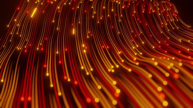 Abstract technology wave of particles. Big data visualization. Dark background with motion green lines 3d rendering