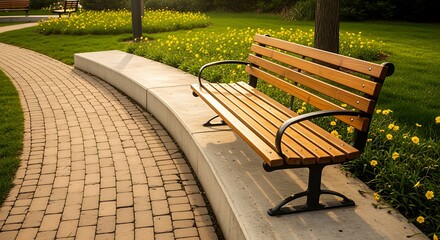 Wooden park bench on brick pathway beside green grass and yellow flowers in garden park outdoor seating area for relaxation and recreation