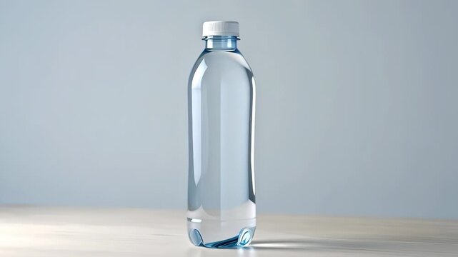 Clear plastic water bottle with white cap standing on light wooden table against neutral grey background