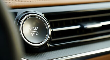 Car interior closeup start stop button on dashboard  modern vehicle control panel
