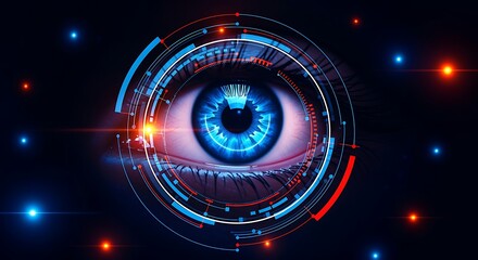 Closeup of blue eye with futuristic digital interface and circular graphic design elements on dark background