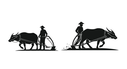 Farmers plowing a field with oxen a striking black silhouette © Prince