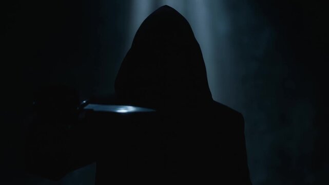 Mysterious hooded figure with knife in dim light shadow play