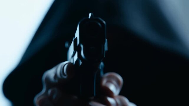 Mysterious hooded figure aims gun at camera in intense closeup sequence
