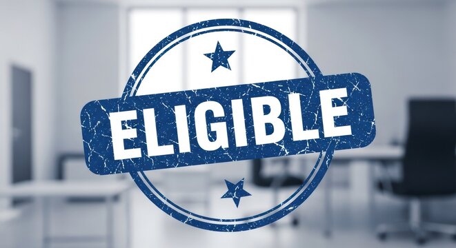 A blue, textured "ELIGIBLE" stamp over a blurred office background, suggesting acceptance