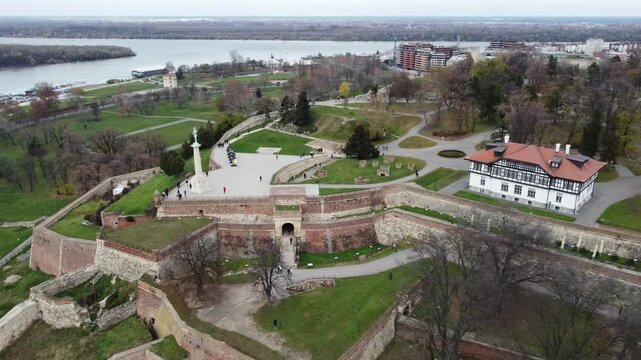 Drone flight above the Kalemegdan fortress at Belgrade. Summer photo from drone. Serbia.