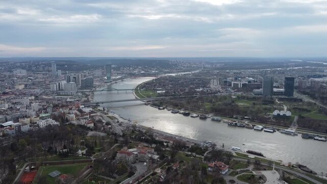 Drone flight in the Belgrade city above the old Kalemegdan fortress, Serbia.