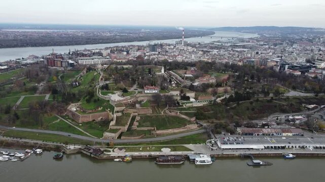 Drone flight in the Belgrade city above the old Kalemegdan fortress, Serbia.