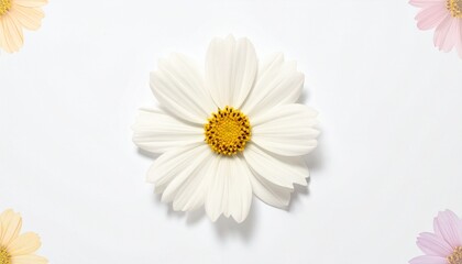 Obraz premium Single white daisy with yellow center on plain white background, accented by small colorful floral cluster, symbolizing nature, purity, and design simplicity for botanical or decorative visuals.