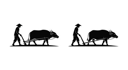 Two farmers plowing fields with water buffalo a striking silhouette © Prince