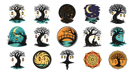 Collection of mystical trees with glowing lanterns a striking silhouette © Silpi