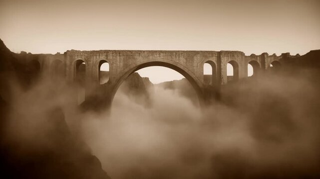 Timeless stone bridge emerges through rolling mist in serene landscape