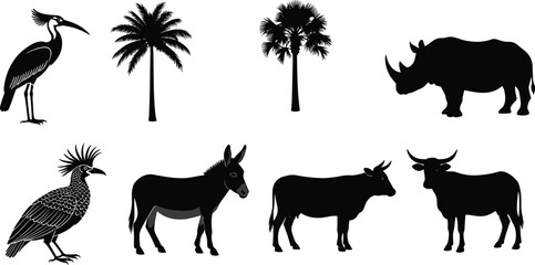 Set of African safari animal silhouettes and tropical palm trees isolated on white including rhino donkey cow bull and exotic birds for nature design © IconicCreations