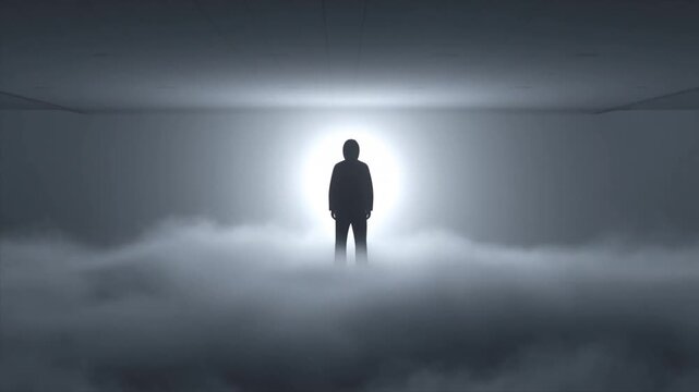Silhouette walks through misty corridor illuminated by eerie backlight