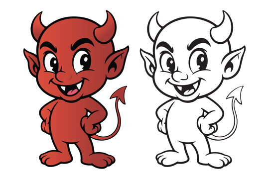 Cute little red devil character with horns and tail for mascot logo and kids coloring book vector illustration