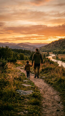 Fototapeta premium Silueta emocional de un padre y su hijo caminando de la mano al atardecer, con cielo cálido en tonos dorados y naranjas. Escena familiar inspiradora con luz natural y ambiente sereno.