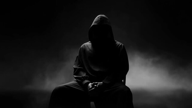 Hooded figure in foggy darkness: mysterious cinematic sequence with dramatic lighting