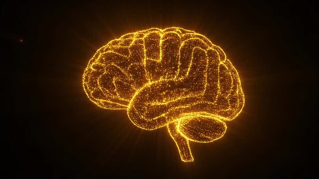 Glowing human brain made of golden particles forming from a dark void in slow motion representing artificial intelligence and neural network connectivity